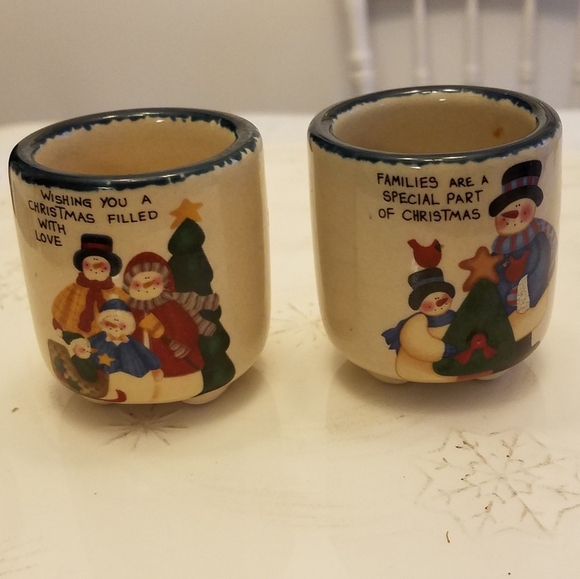 Set of 2 Ceramic Christmas Votive Candle Holders Snowman - Picture 1 of 9